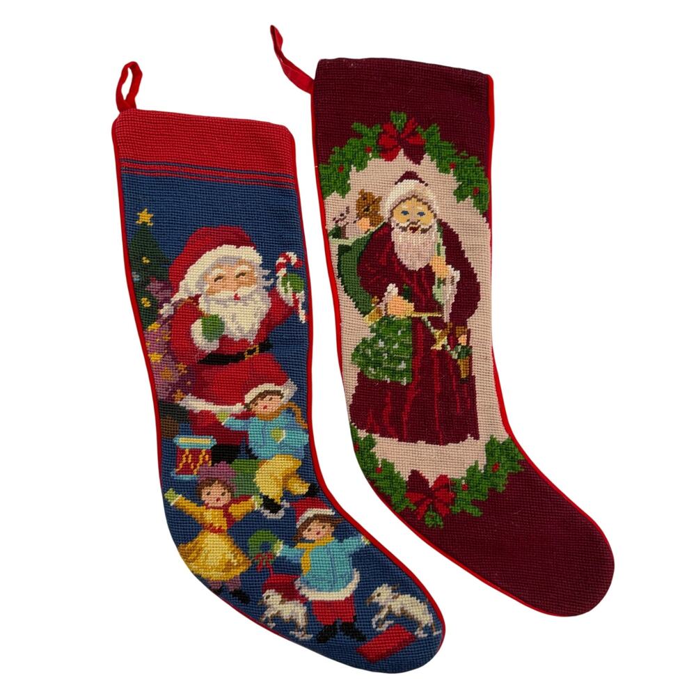 Bundle (2) Vintage Handmade Needlepoint Christmas Stockings
